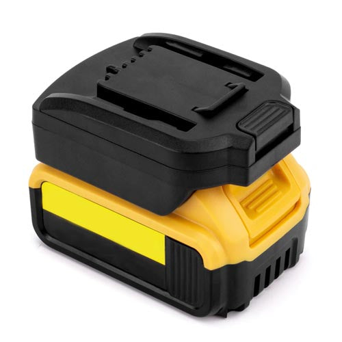 DeWalt 20V MAX to WORX 20V PowerShare (Orange) battery adapter - fitted to the DeWalt 20V MAX battery, tool-side face up