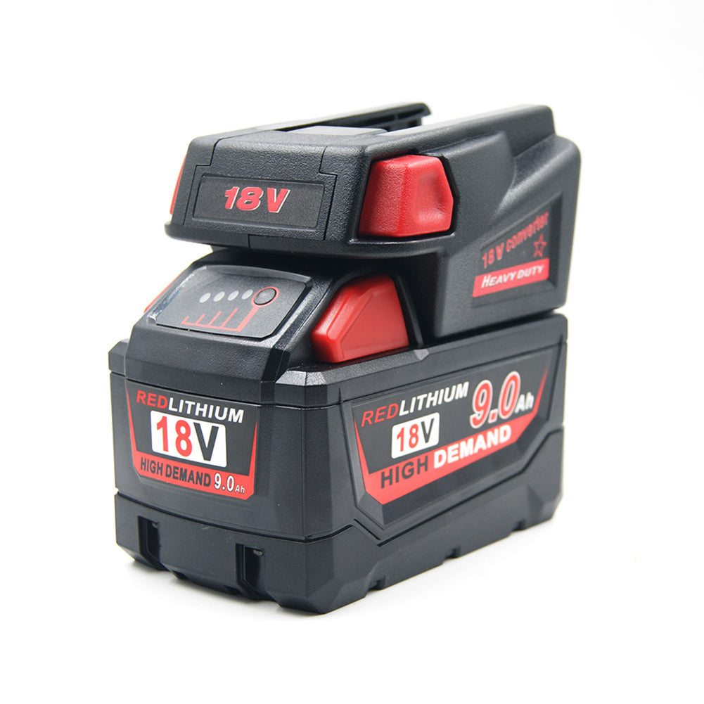 Milwaukee M18 to Milwaukee V18 Ni-Cd battery adapter - fitted to the Milwaukee M18 battery, tool-side rail upward